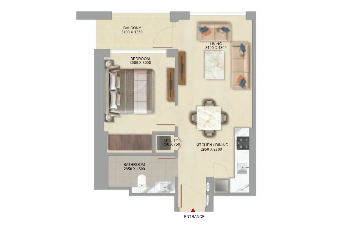 Floor plan of the 1 bedroom Type A apartment